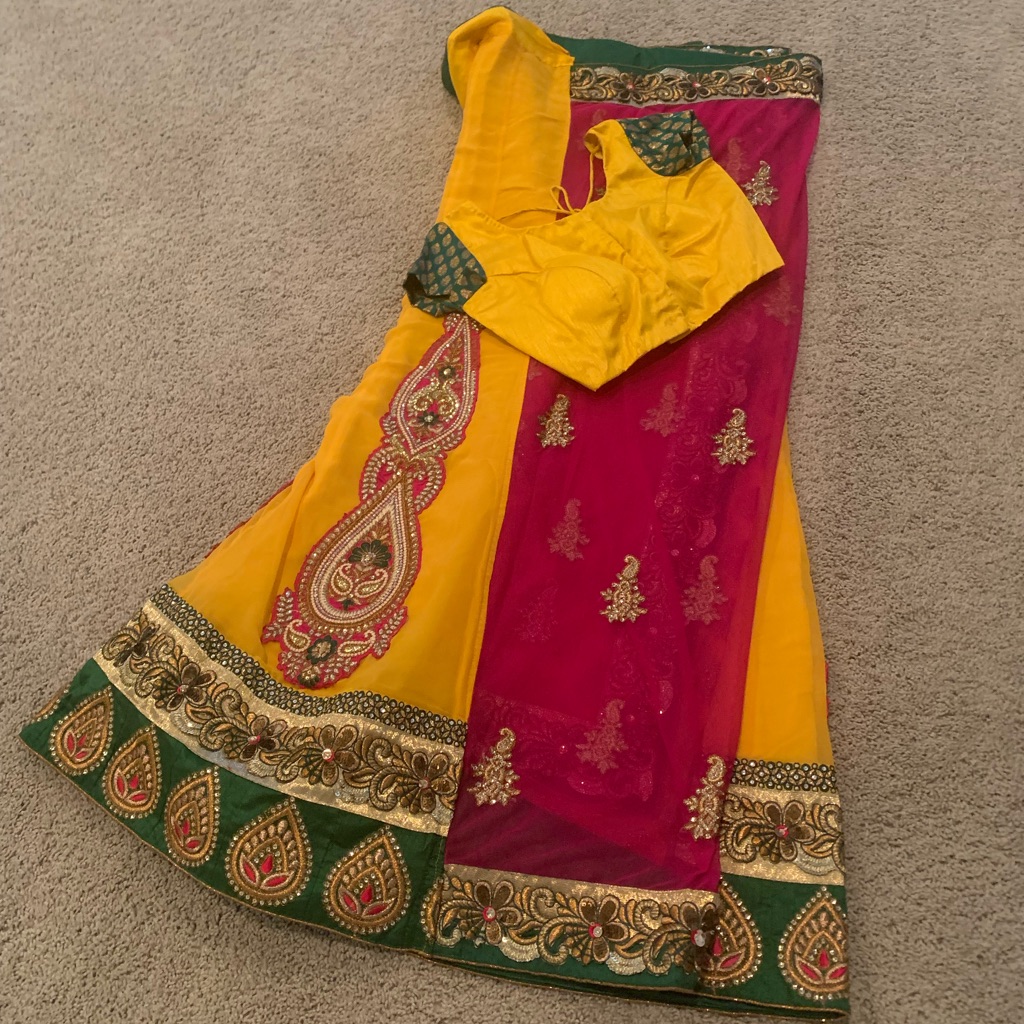 Brand New Mustard, Green And Pink Sari With Blouse